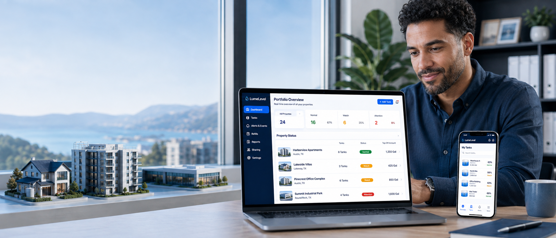 Property manager reviewing the LumeLevel portfolio dashboard across multiple managed properties