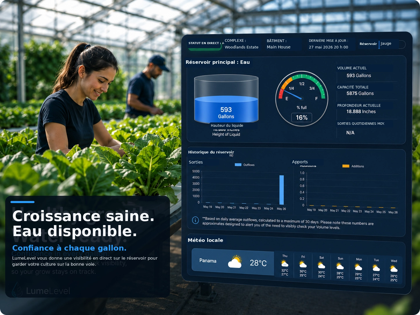 Réservoir de nutriments de serre, tuyauterie d’irrigation et canaux de culture hydroponique